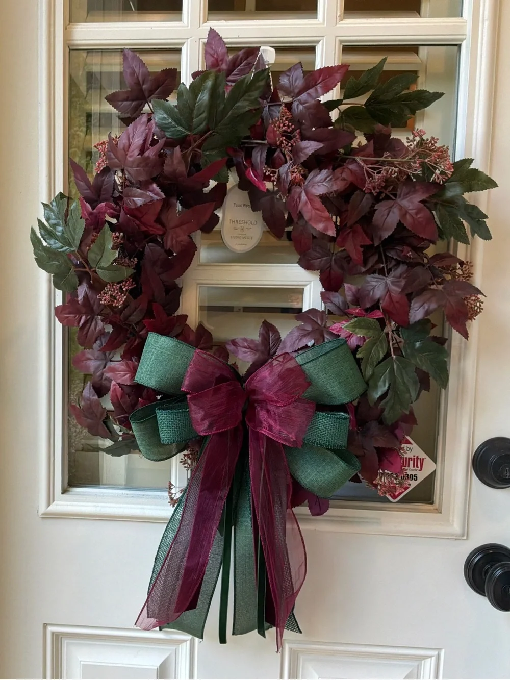 Burgundy & Green Leaf Holiday Wreath with Layered Bow